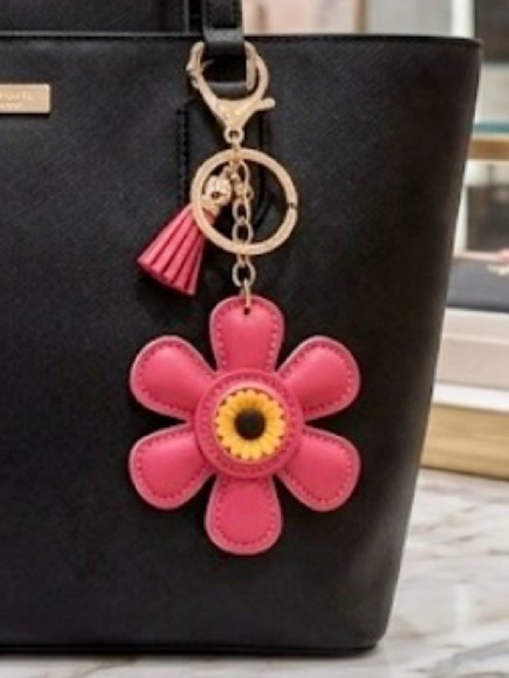 Unbranded Pink Flower Tassel Keychain Bag Charm with yellow center NEW